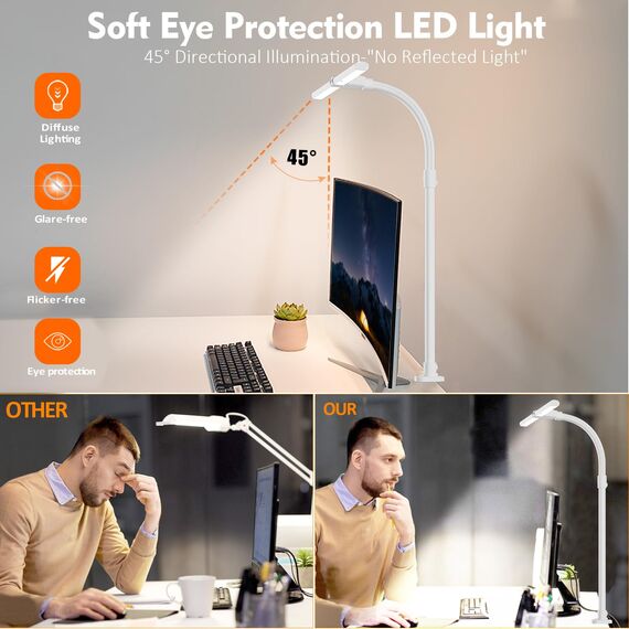 LOTTBUTY Doppelkopf Schreibtischlampe LED dimmbar,24W 80CM klemmbar Homeoffice Tageslichtlampe Schreibtisch Lampe, Schwanenhals Büro Tischlampe, Augenschutz Monitorlampe,5 Farbmodi