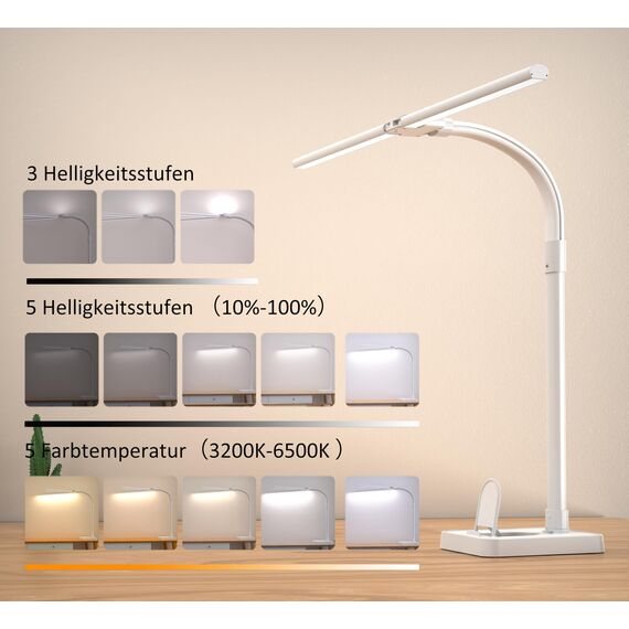 LOTTBUTY Doppelkopf Schreibtischlampe LED dimmbar,24W 80CM Homeoffice Tageslichtlampe Schreibtisch Lampe, Schwanenhals Büro Tischlampe (Weiß,DesktopBasis mit Handyhalterung)