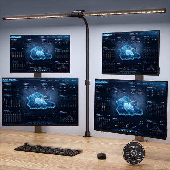 EYOCEAN Schreibtischlampe, Doppelkopf Schreibtischlampe, Teleskopstange mit Einstellbarer Höhe, 30W 120cm Tageslichtlampe Schreibtisch mit Fernbedienung, Dimmbare Monitor Lampe, Büro Tischlampe
