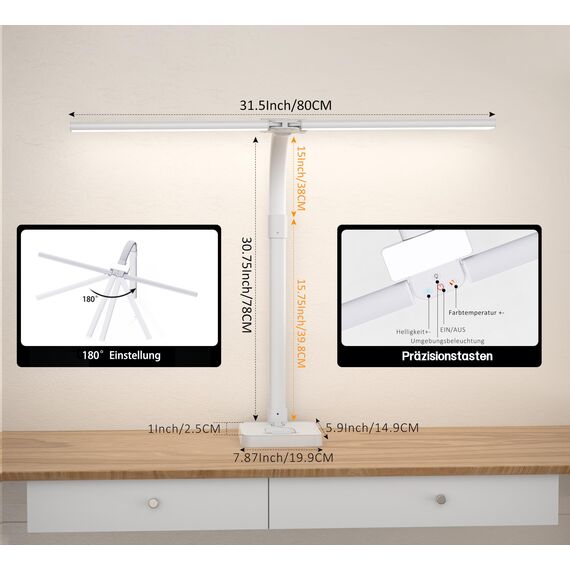 LOTTBUTY Doppelkopf Schreibtischlampe LED dimmbar,24W 80CM Homeoffice Tageslichtlampe Schreibtisch Lampe, Schwanenhals Büro Tischlampe (Weiß,DesktopBasis mit Handyhalterung)
