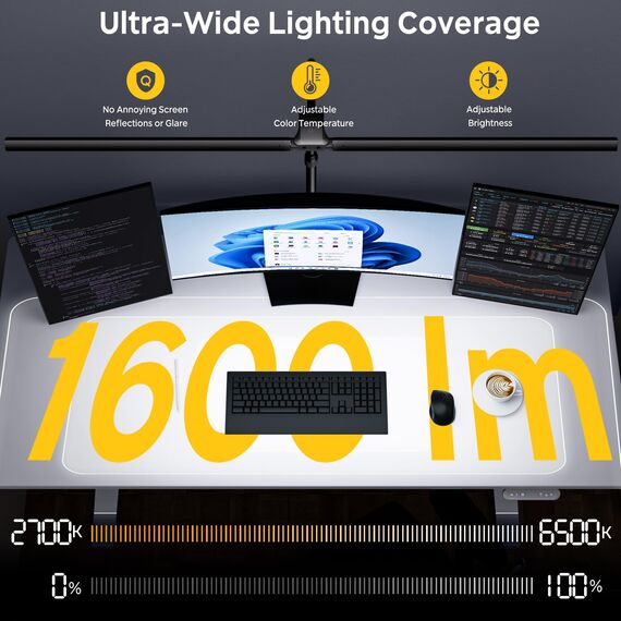 EYOCEAN Schreibtischlampe, Doppelkopf Schreibtischlampe, Teleskopstange mit Einstellbarer Höhe, 30W 120cm Tageslichtlampe Schreibtisch mit Fernbedienung, Dimmbare Monitor Lampe, Büro Tischlampe