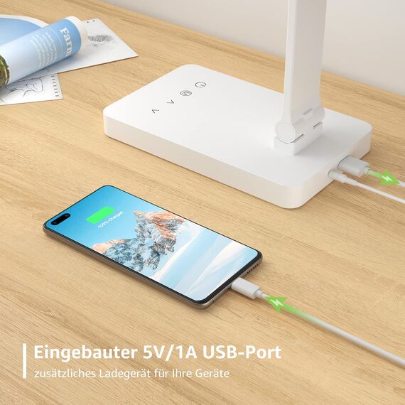 Lepro LED Schreibtischlampe 15W, Dimmbar Tischleuchte 655LM mit 3 Farbmodi & 5 Helligkeitsstufen, USB-Anschluss, Augenschutz Leselampe für Büro, Arbeitszimmer, Nachttisch & Lesen, Weiß