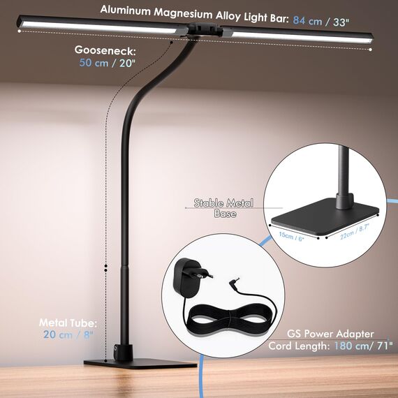EYOCEAN Schreibtischlampe, Doppelkopf Schreibtischlampe, 24W 80cm Tageslichtlampe Schreibtisch mit Fernbedienung, Dimmbare Monitor Lampe, Büro Tischlampe, Augenschutz Bildschirmlampe