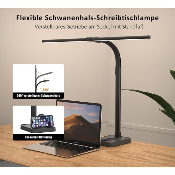 LOTTBUTY Doppelkopf Schreibtischlampe LED dimmbar,24W 80CM Homeoffice Tageslichtlampe Schreibtisch Lampe, Schwanenhals Büro Tischlampe schwarz, Augenschutz Monitorlampe,5 Farbmodi