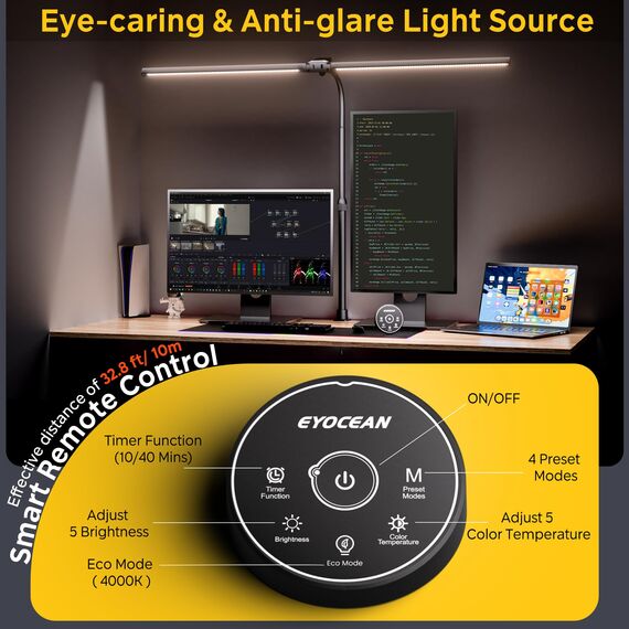 EYOCEAN Schreibtischlampe, Doppelkopf Schreibtischlampe, Teleskopstange mit Einstellbarer Höhe, 30W 120cm Tageslichtlampe Schreibtisch mit Fernbedienung, Dimmbare Monitor Lampe, Büro Tischlampe