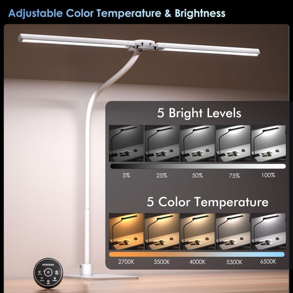 EYOCEAN Schreibtischlampe LED mit Fernbedienung, Doppelkopf Schreibtischlampe, Dimmbare Monitor Lampe 24W 80cm, Tageslichtlampe Schreibtisch für Homeoffice, Bürolampe, Weiß