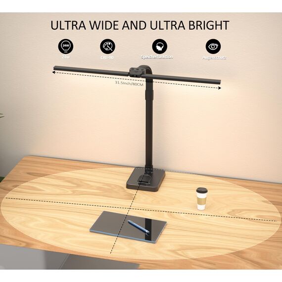 LOTTBUTY Doppelkopf Schreibtischlampe LED dimmbar,24W 80CM Homeoffice Tageslichtlampe Schreibtisch Lampe, Schwanenhals Büro Tischlampe schwarz, Augenschutz Monitorlampe,5 Farbmodi