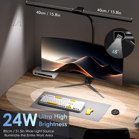 EYOCEAN Schreibtischlampe, Doppelkopf Schreibtischlampe Klemmbar, 24W 80cm Tageslichtlampe Schreibtisch mit Fernbedienung, Dimmbare Monitor Lampe, Büro Tischlampe, Augenschutz Bildschirmlampe