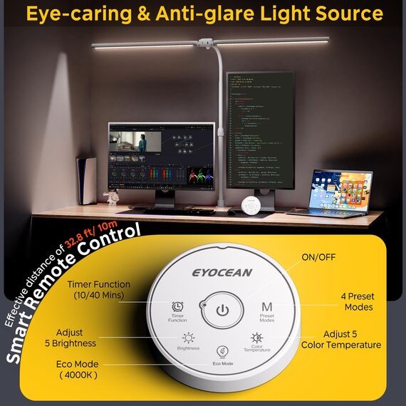 EYOCEAN Schreibtischlampe, Doppelkopf Schreibtischlampe, Teleskopstange mit Einstellbarer Höhe, 30W 120cm Tageslichtlampe Schreibtisch mit Fernbedienung, Dimmbare Monitor Lampe, Büro Tischlampe
