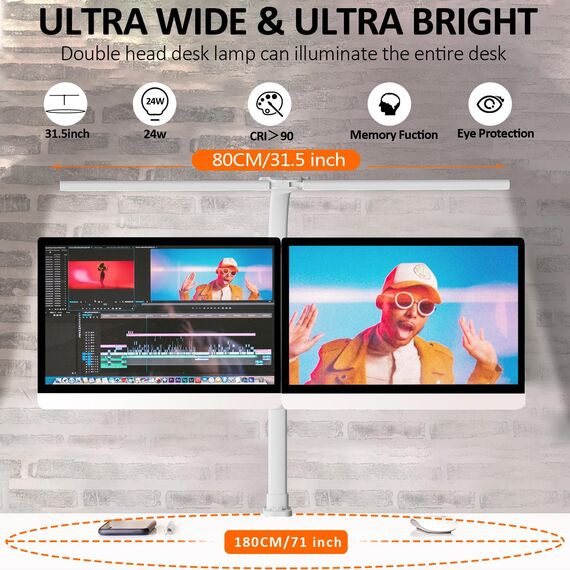 LOTTBUTY Doppelkopf Schreibtischlampe LED dimmbar,24W 80CM klemmbar Homeoffice Tageslichtlampe Schreibtisch Lampe, Schwanenhals Büro Tischlampe, Augenschutz Monitorlampe,5 Farbmodi