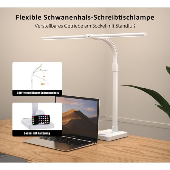 LOTTBUTY Doppelkopf Schreibtischlampe LED dimmbar,24W 80CM Homeoffice Tageslichtlampe Schreibtisch Lampe, Schwanenhals Büro Tischlampe (Weiß,DesktopBasis mit Handyhalterung)