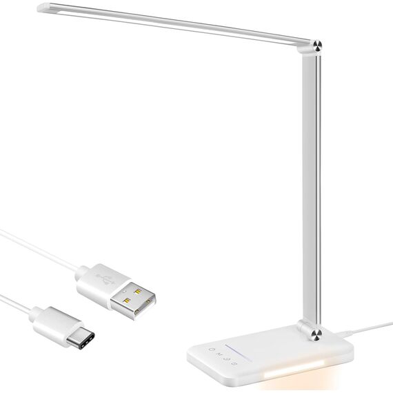 BIENSER Schreibtischlampe LED Dimmbar - 560LM Bürolampe Desk Lamp mit 5 Farbmodi & 10 Helligkeitsstufen, Schreibtisch Lampe mit Nachtlicht, USB-Anschluss, Memory-Funktion & Auto Timer, 10W - Weiß