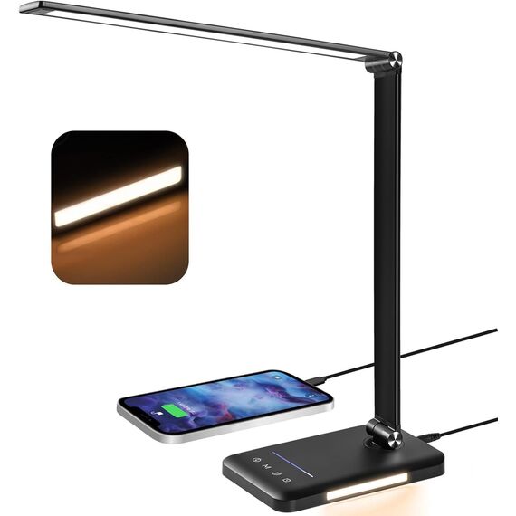 BIENSER Schreibtischlampe LED Dimmbar - 560LM Bürolampe Desk Lamp mit 5 Farbmodi & 10 Helligkeitsstufen, 10W Schreibtisch Lampe mit Nachtlicht, USB-Anschluss, Memory-Funktion & Auto Timer - Schwarz