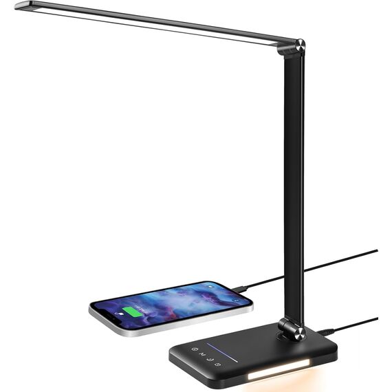 BIENSER Schreibtischlampe LED Dimmbar - 560LM Bürolampe Desk Lamp mit 5 Farbmodi & 10 Helligkeitsstufen, 10W Schreibtisch Lampe mit Nachtlicht, USB-Anschluss, Memory-Funktion & Auto Timer - Schwarz