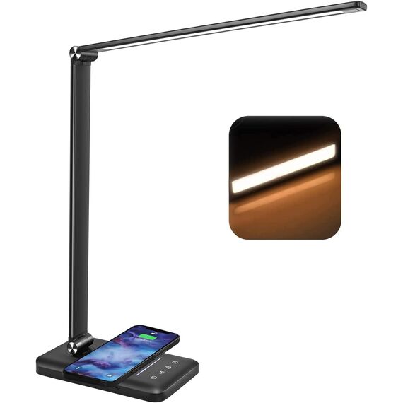 BIENSER Schreibtischlampe LED mit 10W Wireless Charging, USB Ladefunktion, 600LM Bürolampe Tischlampe mit 10 Helligkeits X 5 Farbstufen Dimmbar, Nachtlicht, Memory-Funktion, Auto Timer, 6000K, 24W