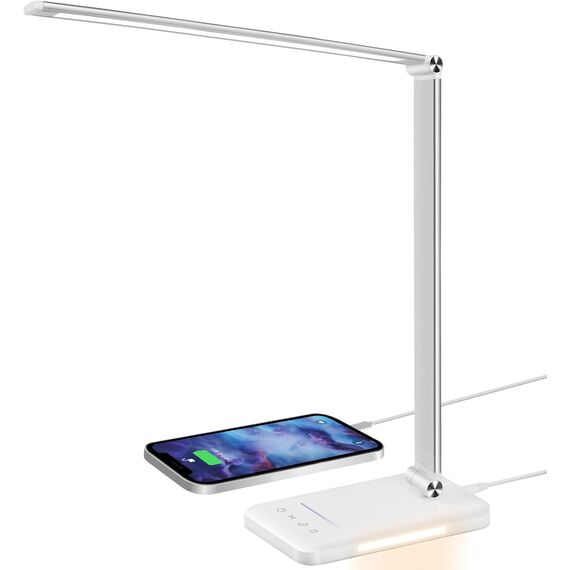 BIENSER Schreibtischlampe LED Dimmbar - 560LM Bürolampe Desk Lamp mit 5 Farbmodi & 10 Helligkeitsstufen, Schreibtisch Lampe mit Nachtlicht, USB-Anschluss, Memory-Funktion & Auto Timer, 10W - Weiß