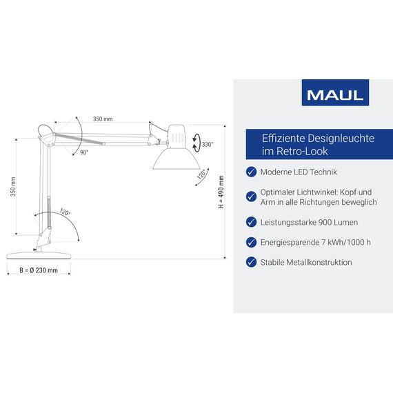 MAUL LED Schreibtischlampe MAULstudy | Verstellbare Stehlampe mit Gelenkarm für Büro, Arbeitszimmer und Schreibtisch | Elegante Bürolampe aus Metall | Inklusive LED-Leuchtmittel | Weiß