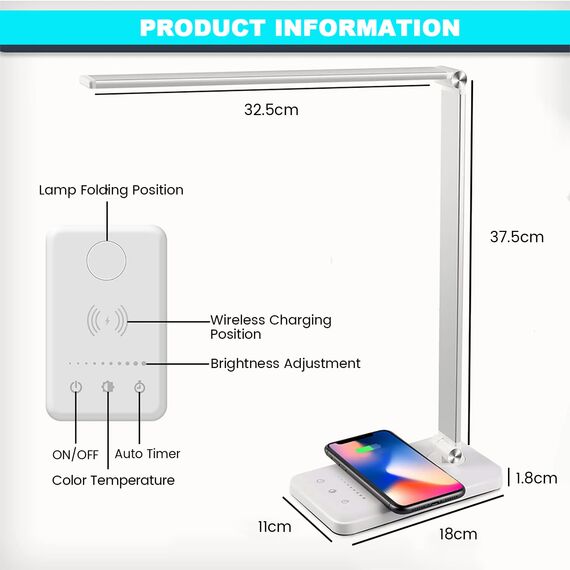 BIENSER Schreibtischlampe LED, 10W Wireless Charging, USB Ladefunktion, Bürolampe Tischlampe mit 10 Helligkeits X 5 Farbstufen Dimmbar, Memory Funktion, Sensible Kontrolle, 30/60 min Auto Timer, 20W