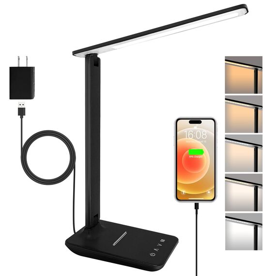 Jumoking Schreibtischlampe LED Dimmbar Augenschutz,Desk Lamp mit 5 Farben und 5 Helligkeitsstufen,Tischlampemit USB Ladeanschluss Touch Steuerung für Kinder, Schlafzimmer, Lektüre, Büros (Black)