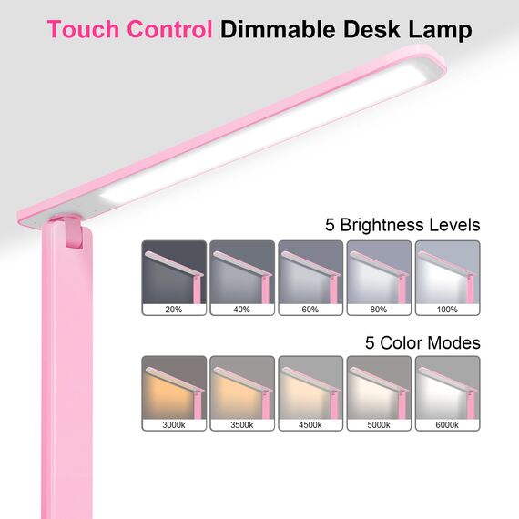 Jumoking Schreibtischlampe LED Dimmbar Augenschutz,Desk Lamp mit 5 Farben und 5 Helligkeitsstufen,Tischlampemit USB Ladeanschluss Touch Steuerung für Kinder, Schlafzimmer, Lektüre, Büros (Pink)
