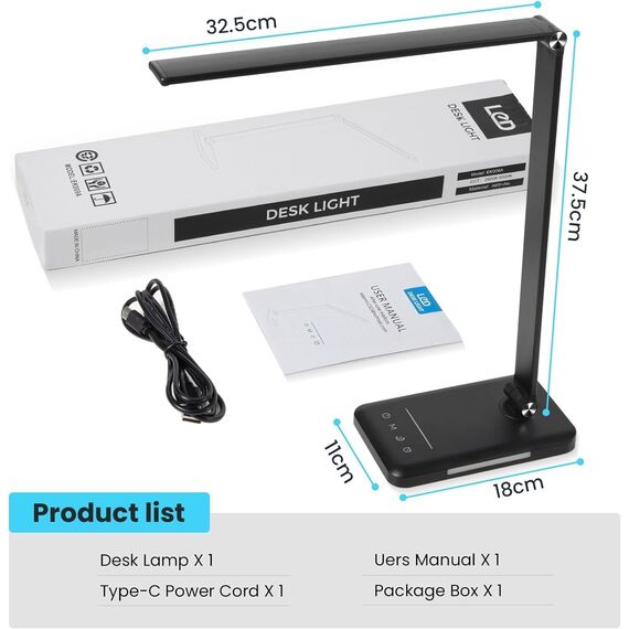 BIENSER Schreibtischlampe LED Dimmbar - 560LM Bürolampe Desk Lamp mit 5 Farbmodi & 10 Helligkeitsstufen, 10W Schreibtisch Lampe mit Nachtlicht, USB-Anschluss, Memory-Funktion & Auto Timer - Schwarz