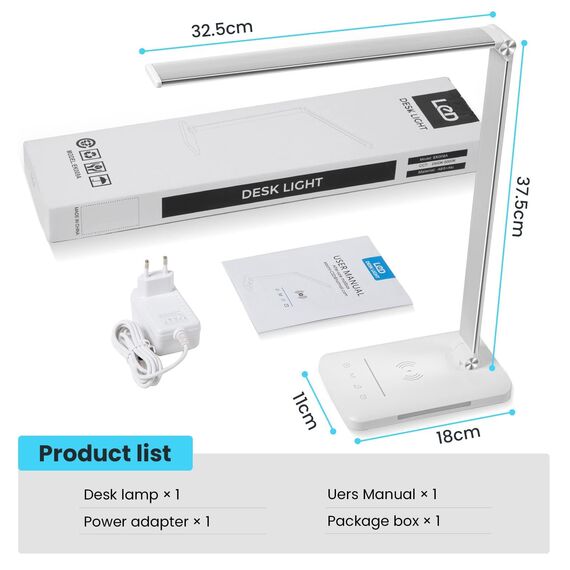 Schreibtischlampe, LED-Tischlampe mit kabellosem Qi-Ladegerät, 10 W, USB-Ladefunktion, 1200 Lux LED-Schreibtischlampe, dimmbar, Leselampe, Nachtlicht, Speicherfunktion, empfindliche Steuerung, 6000 K,