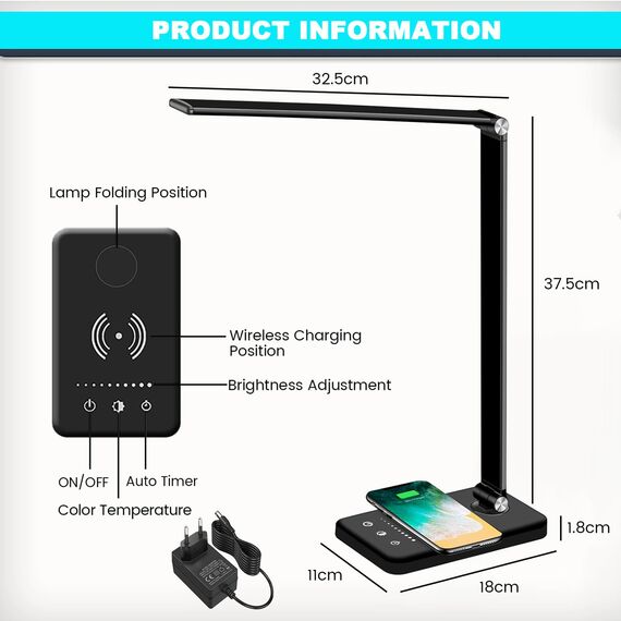 BIENSER Schreibtischlampe LED, 10W Wireless Charging & USB Ladefunktion, Bürolampe Tischlampe mit 10 Helligkeits X 5 Farbstufen Dimmbar, Memory Funktion, Sensible Kontrolle, 30/60 min Auto Timer, 20W