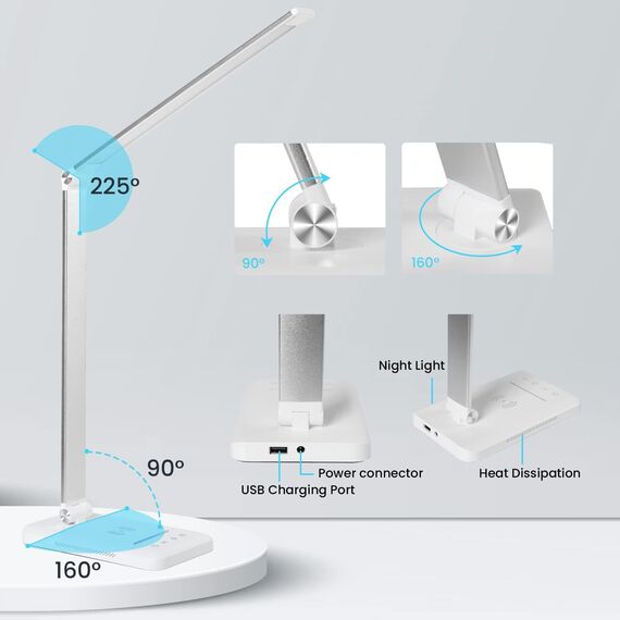 Schreibtischlampe, LED-Tischlampe mit kabellosem Qi-Ladegerät, 10 W, USB-Ladefunktion, 1200 Lux LED-Schreibtischlampe, dimmbar, Leselampe, Nachtlicht, Speicherfunktion, empfindliche Steuerung, 6000 K,