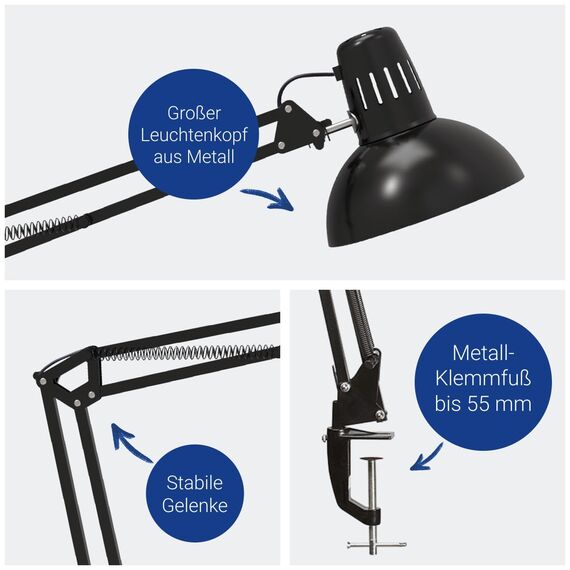 MAUL Schreibtischlampe MAULstudy | Verstellbare Klemmlampe mit Gelenkarm für Büro und Schreibtisch | Elegante Tischlampe aus Metall | Lampe exklusive LED-Leuchtmittel | Schwarz