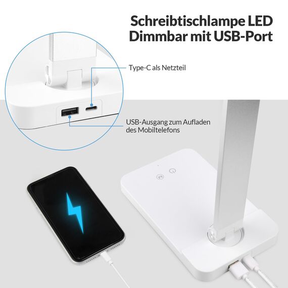 mafiti Schreibtischlampe LED Dimmbar Tischlampe 5 Farb und 3 Helligkeitsstufen, Augenfreundliche Nachttischlampe, USB-Anschluss für Leser, Kinder, Büro-Weiß