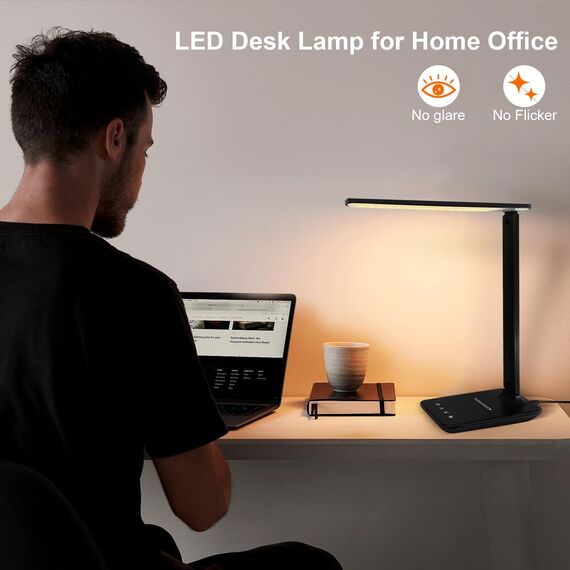Jumoking Schreibtischlampe LED Dimmbar Augenschutz,Desk Lamp mit 5 Farben und 5 Helligkeitsstufen,Tischlampemit USB Ladeanschluss Touch Steuerung für Kinder, Schlafzimmer, Lektüre, Büros (Black)