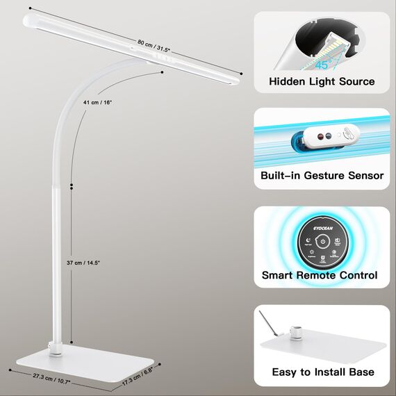 EYOCEAN Schreibtischlampe LED mit Gestensteuerung & Fernbedienung, Dimmbare Monitor Lampe 24W 80cm, Tageslichtlampe Schreibtisch für Homeoffice, Bürolampe mit Sockel, Tischlampe, Mattweiß