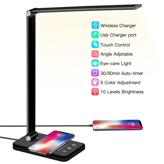 BIENSER Schreibtischlampe LED, 10W Wireless Charging & USB Ladefunktion, Bürolampe Tischlampe mit 10 Helligkeits X 5 Farbstufen Dimmbar, Memory Funktion, Sensible Kontrolle, 30/60 min Auto Timer, 20W