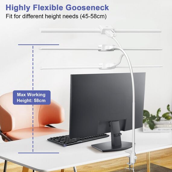 EppieBasic 24W Doppelkopf Schreibtischlampe LED Dimmbar, 80cm Groß Schreibtischlampe Klemmbar mit Touch, Augenschutz Schwanenhals Büro Tischlampe, Monitor Lampe, Automatisch dimmen, Timer - Weiß