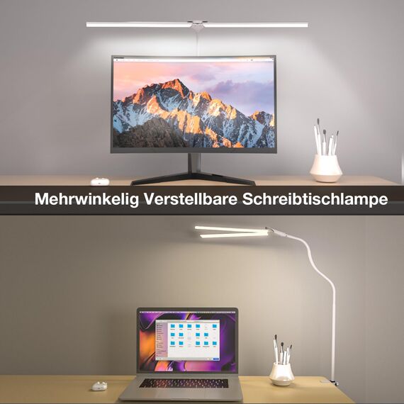 Hensam Schreibtischlampe LED für Büro, Tageslichtlampe für Monitor, 1400LM, Dimmbar, Klemmbar, Arbeitsplatzleuchte, Schwanenhals, Doppelkopf, 5 Farbmodi-Helligkeitsstufen, Weiß