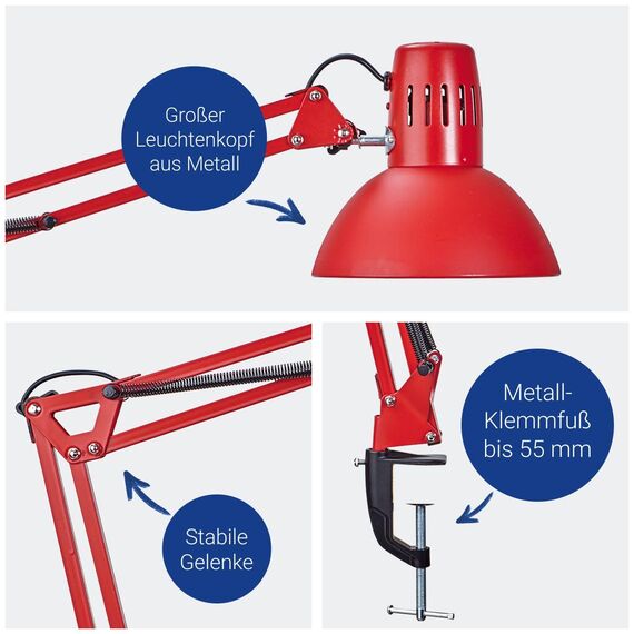 MAUL LED Schreibtischlampe MAULstudy | Verstellbare Klemmleuchte mit Gelenkarm für Büro, Arbeitszimmer und Schreibtisch | Elegante Bürolampe aus Metall | Inklusive LED-Leuchtmittel | Rot