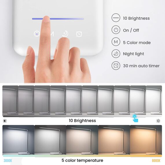 Schreibtischlampe, LED-Tischlampe mit kabellosem Qi-Ladegerät, 10 W, USB-Ladefunktion, 1200 Lux LED-Schreibtischlampe, dimmbar, Leselampe, Nachtlicht, Speicherfunktion, empfindliche Steuerung, 6000 K,