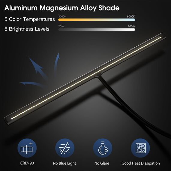 EYOCEAN Schreibtischlampe LED, 24W 80CM Tischlampe mit Gestensteuerung, Dimmbare Tageslichtlampe Augenschutz Monitor Lampe für Arbieter in Büro Leser Architekenden Schneider