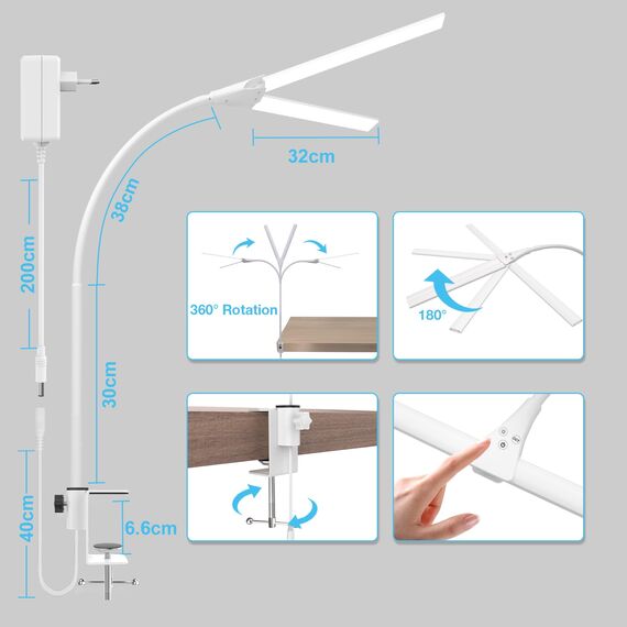 Hensam Schreibtischlampe LED für Büro, Tageslichtlampe für Monitor, 1400LM, Dimmbar, Klemmbar, Arbeitsplatzleuchte, Schwanenhals, Doppelkopf, 5 Farbmodi-Helligkeitsstufen, Weiß