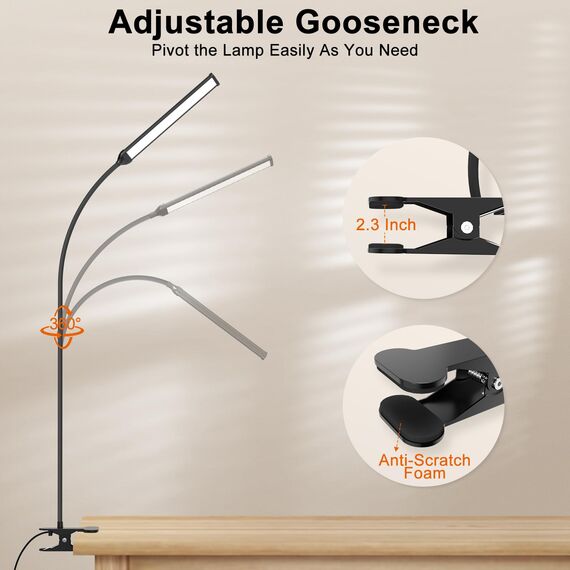 Mojimdo Schreibtischlampe 77 LED mit Fernbedienung [Beeindruckende Lichtleistung] 70CM Klemmlampe, 3 Farben & 10 Helligkeitsstufen, 360° Flexibel mit USB-Ladegerät