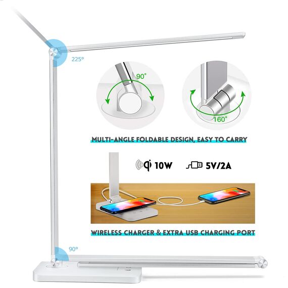 BIENSER Schreibtischlampe LED, 10W Wireless Charging, USB Ladefunktion, Bürolampe Tischlampe mit 10 Helligkeits X 5 Farbstufen Dimmbar, Memory Funktion, Sensible Kontrolle, 30/60 min Auto Timer, 20W