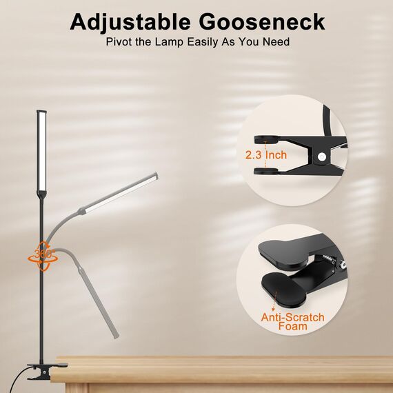 Mojimdo Schreibtischlampe 77 LED mit Fernbedienung [Beeindruckende Lichtleistung] 40CM Klemmlampe, 3 Farben & 5 Helligkeitsstufen, 360° Flexibel mit USB-Ladegerät