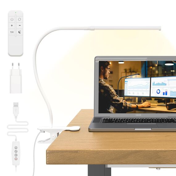 Mojimdo Schreibtischlampe 77 LED mit Fernbedienung [Beeindruckende Lichtleistung] 40CM Klemmlampe, 3 Farben & 10 Helligkeitsstufen, 360° Flexibel mit USB-Ladegerät