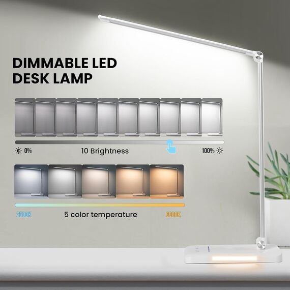 BIENSER Schreibtischlampe LED Dimmbar - 560LM Bürolampe Desk Lamp mit 5 Farbmodi & 10 Helligkeitsstufen, Schreibtisch Lampe mit Nachtlicht, USB-Anschluss, Memory-Funktion & Auto Timer, 10W - Weiß