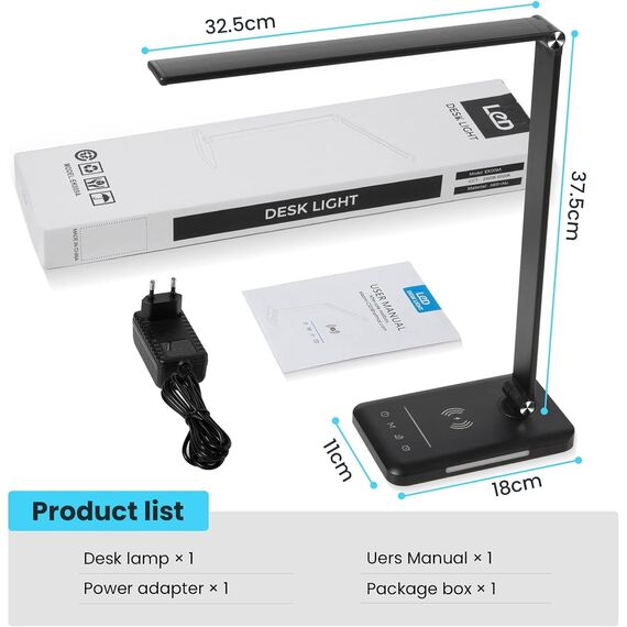 BIENSER Schreibtischlampe LED mit 10W Wireless Charging, USB Ladefunktion, 600LM Bürolampe Tischlampe mit 10 Helligkeits X 5 Farbstufen Dimmbar, Nachtlicht, Memory-Funktion, Auto Timer, 6000K, 24W