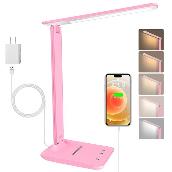 Jumoking Schreibtischlampe LED Dimmbar Augenschutz,Desk Lamp mit 5 Farben und 5 Helligkeitsstufen,Tischlampemit USB Ladeanschluss Touch Steuerung mit QI Kabelloses Ladegerät für Kinder, mädchen