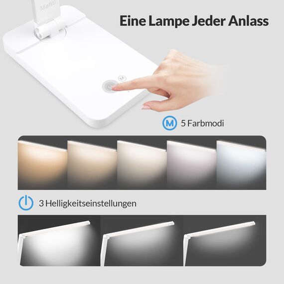 mafiti Schreibtischlampe LED Dimmbar Tischlampe 5 Farb und 3 Helligkeitsstufen, Augenfreundliche Nachttischlampe, USB-Anschluss für Leser, Kinder, Büro-Weiß