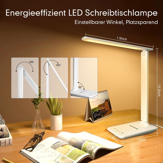 Jumoking Schreibtischlampe LED Dimmbar Augenschutz,Desk Lamp mit 5 Farben und 5 Helligkeitsstufen,Tischlampemit USB Ladeanschluss Touch Steuerung für Kinder, Schlafzimmer, Lektüre, Büros (White Pro)