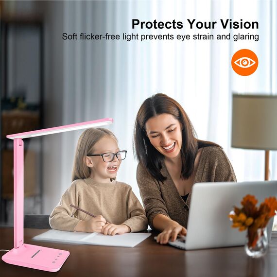 Jumoking Schreibtischlampe LED Dimmbar Augenschutz,Desk Lamp mit 5 Farben und 5 Helligkeitsstufen,Tischlampemit USB Ladeanschluss Touch Steuerung mit QI Kabelloses Ladegerät für Kinder, mädchen