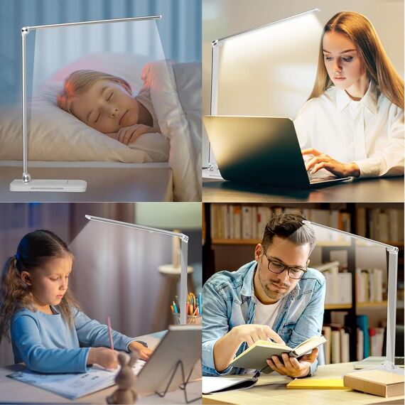 BIENSER Schreibtischlampe LED Dimmbar - 560LM Bürolampe Desk Lamp mit 5 Farbmodi & 10 Helligkeitsstufen, Schreibtisch Lampe mit Nachtlicht, USB-Anschluss, Memory-Funktion & Auto Timer, 10W - Weiß